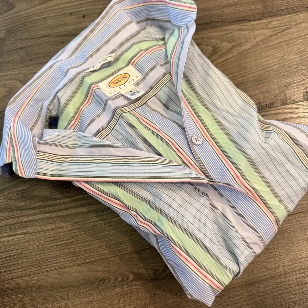Talbots Petites Striped Button Down Shirt Blue‎ Green Pink Wrinkle Resistant 8P